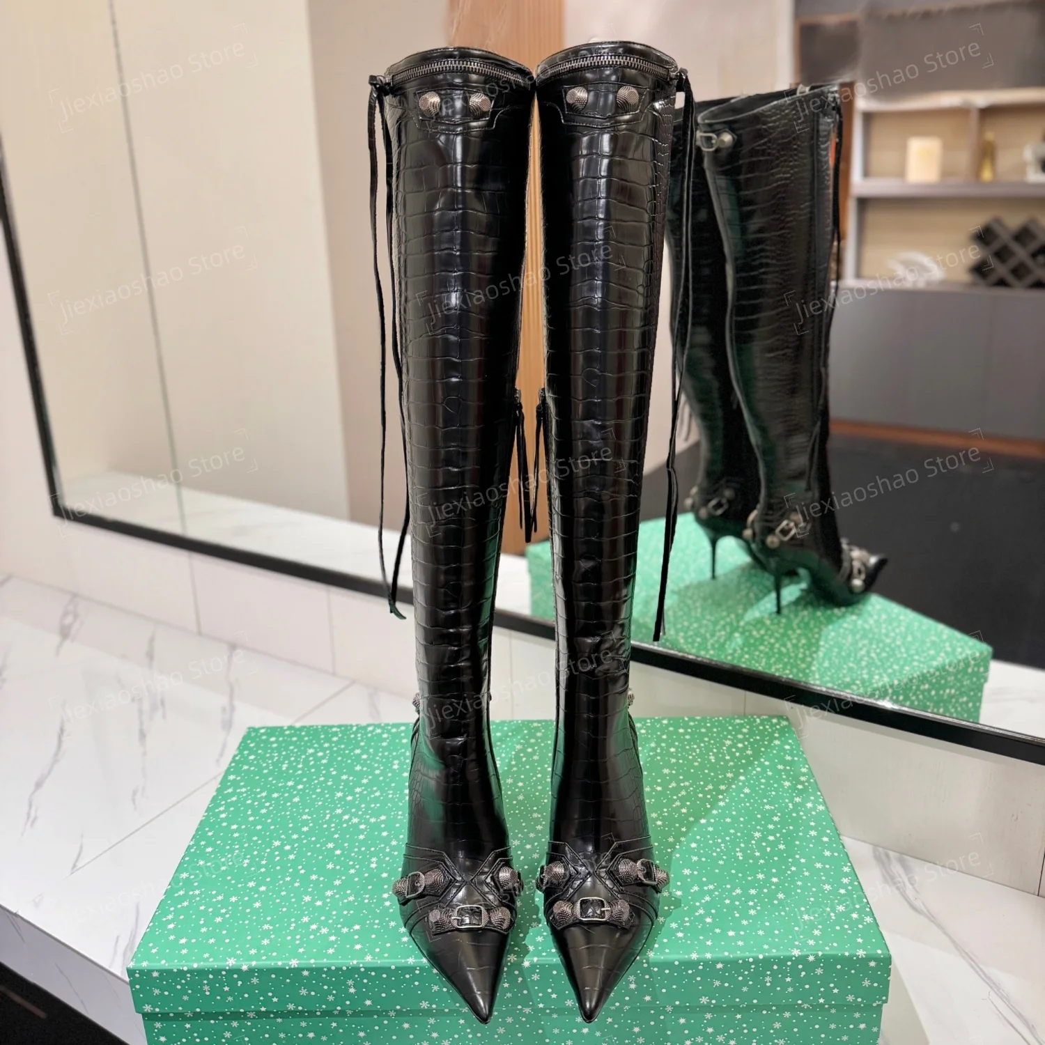 Top Quality Sexy Genuine Leather Pointed-Toe Stiletto Ladies Thigh High Boots Woman Metal Decora Motorcyle Boots Bota Feminina