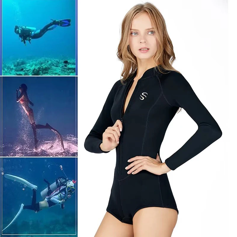 Summer 2MM Neoprene Bikini Women Wetsuit, Diving Stocking Long Sleeve One-body Diving Suit Sun-proof Surfing Snorkeling Swimwear