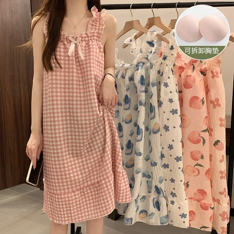 

M-2XL Large Size Korean Nightgown with Chest Pad Summer Sweet Suspender Nightdress Loose Lounge Homewear Can Be Worn Outside