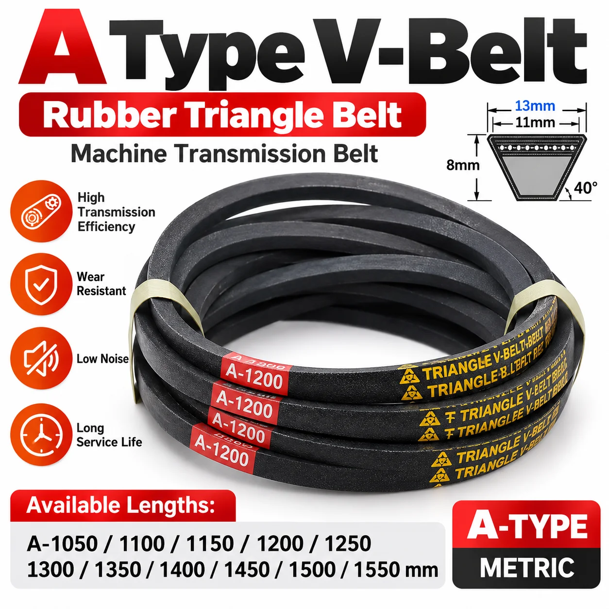 A Type V-belt Rubber Triangle Belt A-1050/1100/1150/1200/1250/1300/1350/1400/1450/1500/1550mm Machine Transmission Belt Metric