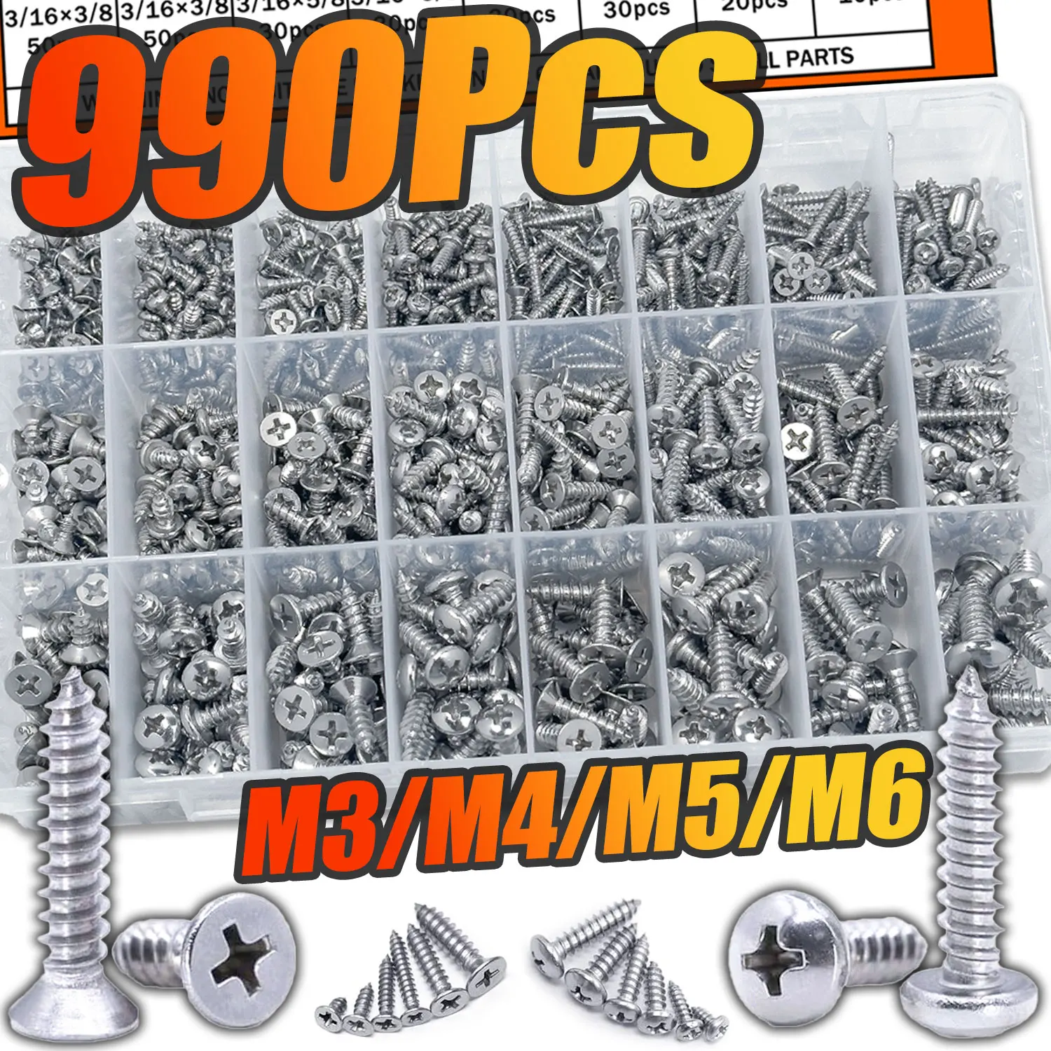 

990 шт. саморезы из нержавеющей стали - M3-M4-M5-M6 Phillips, 500 плоских + 490 с круглой головкой, для палубы, гипсокартона, металла, пластика, дерева