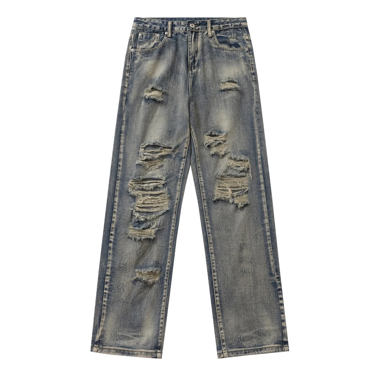 Men's Vintage Washed Distressed Ripped Tapered Jeans Slim Fit Straight Leg Destroyed Denim Pants Streetwear Y2k Jean Trousers