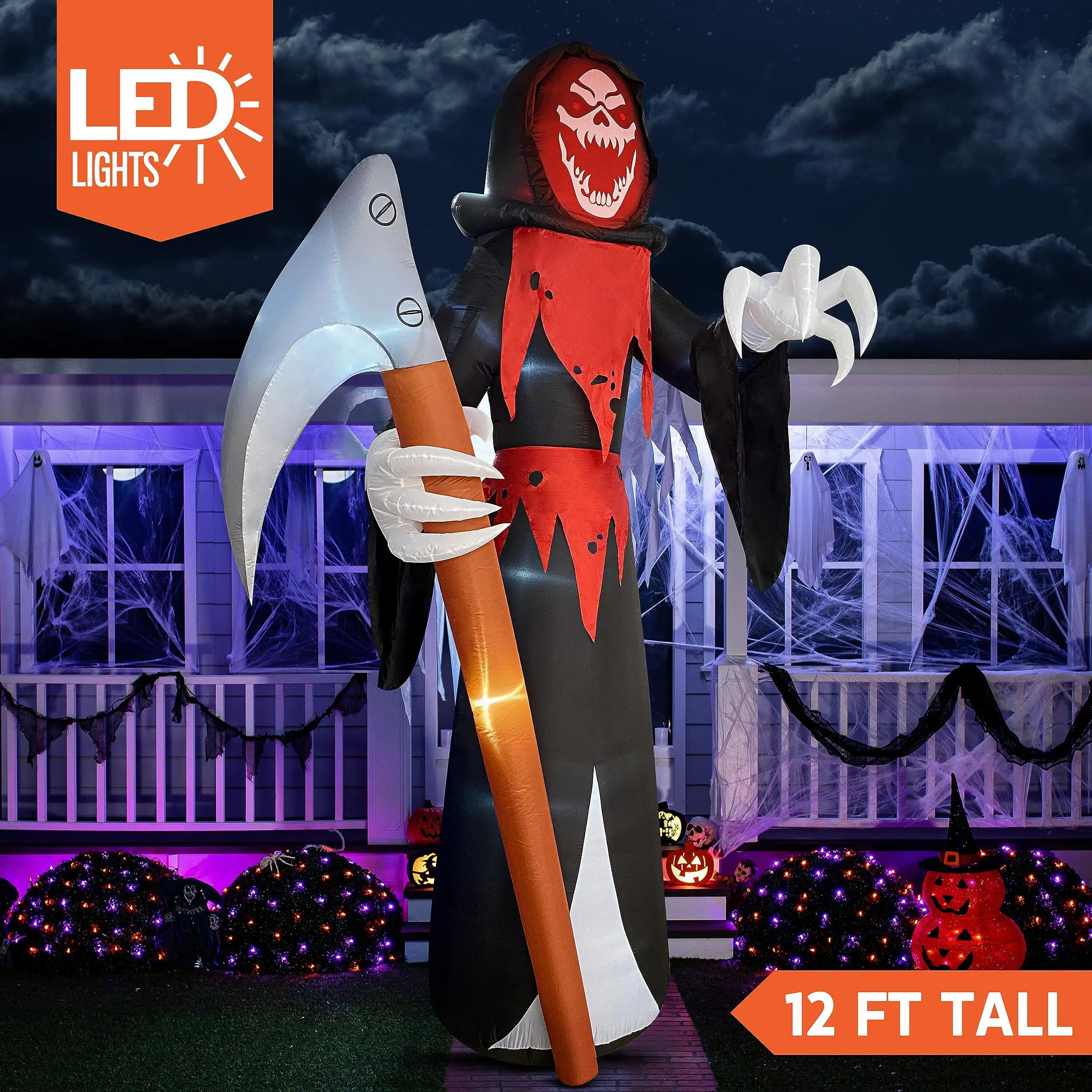 12 FT Tall Halloween Giant Grim Reaper Inflatable with Built-in LEDs Grim Reaper with Scythe for Halloween Decorations Outdoor Gift
