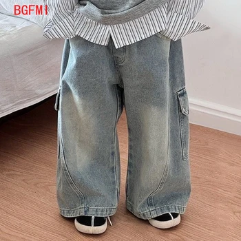 Korean Children's Jeans Loose Straight Pants Wide Leg Cargo Pants for Boys Girls New Spring Autumn Kid's Denim Pocket Trousers