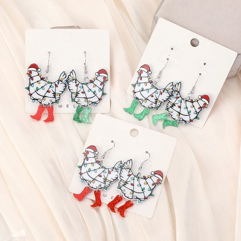 1Pair Christmas Animal Woman Drop Earrings Acrylic Funny Walking Chicken For Girl Birthday Festival Gift