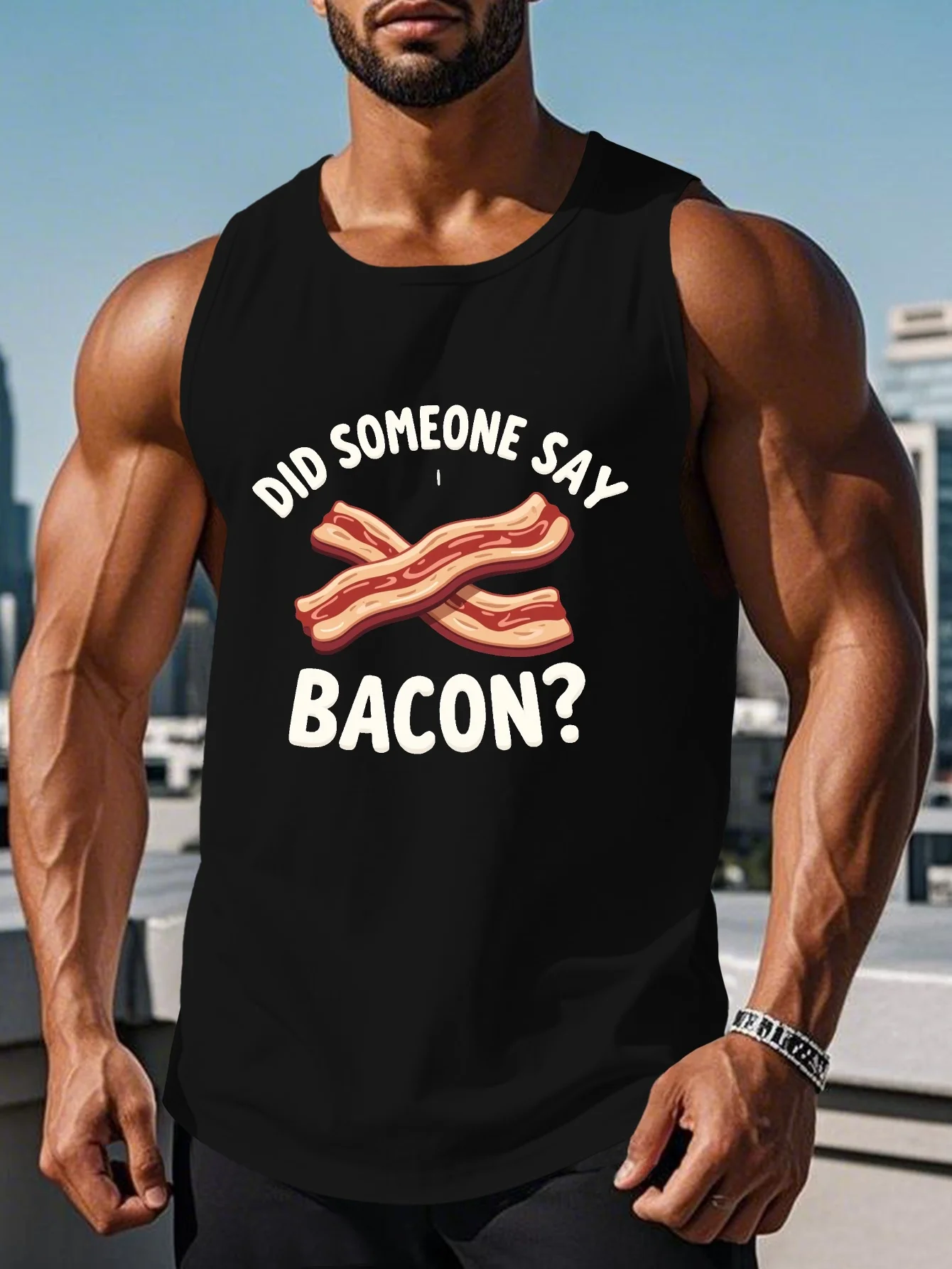 

Men's funny bacon lover vest - "Did someone say bacon" Graphic sleeveless shirt