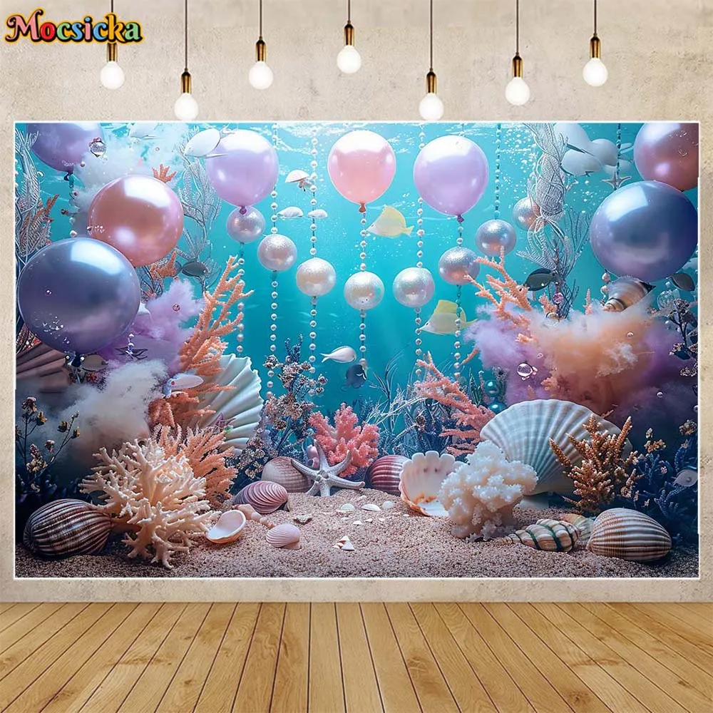 Mocsicka-マーメイドプリンセス写真の背景、シーシェルの下、パールバルーン、女の子の誕生日パーティーの装飾、ケーキのスプラッシュの背景