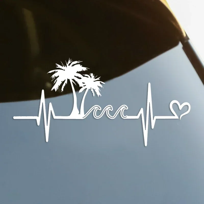 Car Sticker Heartbeat Beach Palm Tree Waves Die-Cut Vinyl Decal  Waterproof Auto Decors on Car Body Bumper Rear Window,20cm