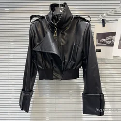 2024 Autumn New American Spice Girl Big Lapel Zipper Lychee Leather Locomotive Leather Jacket Short Coat for Women Cool Jackets