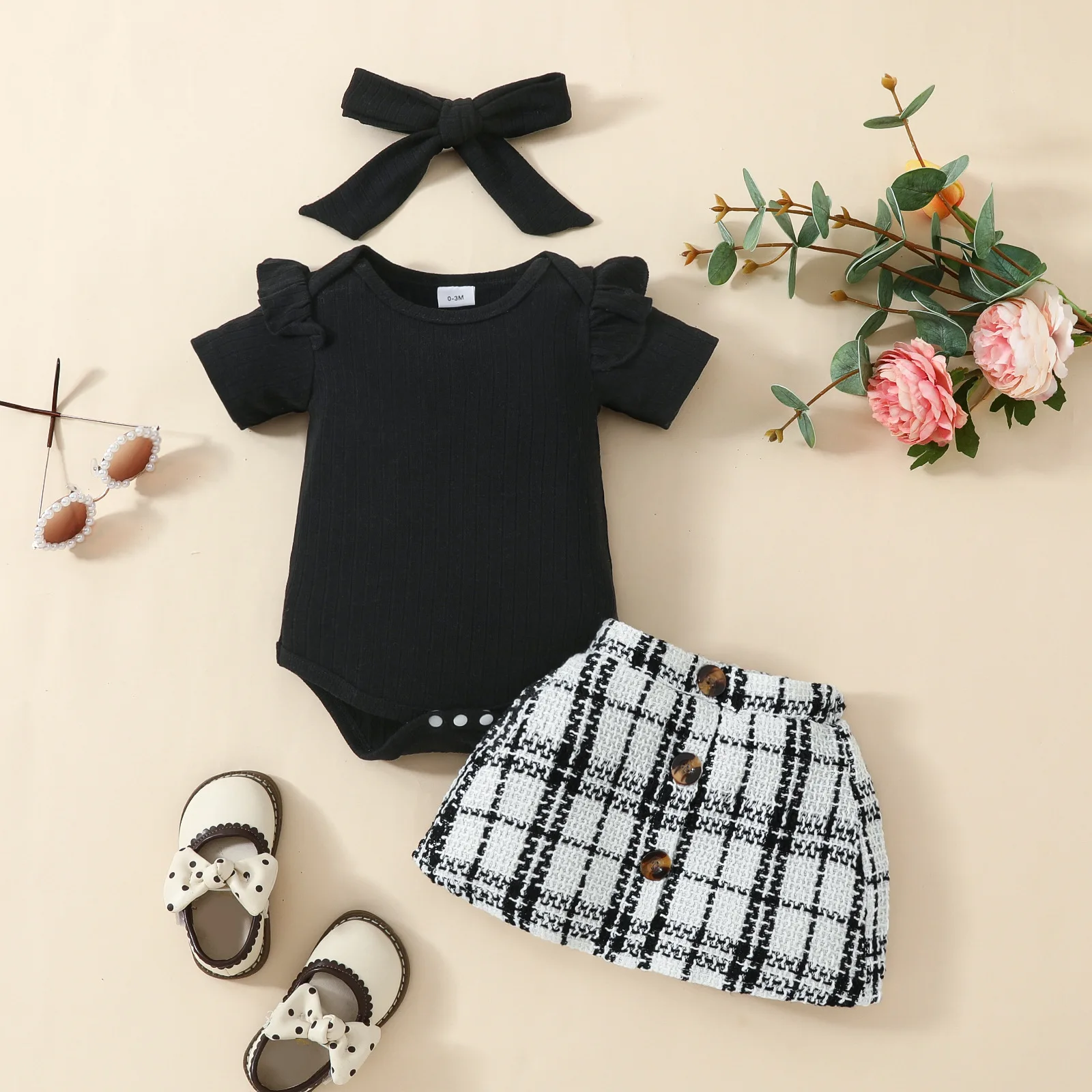 

Baby Clothes Fashion Kids Clothes Girl Outfits Ruffles Ribbed T-Shirts+Plaid Single Breasted Short Skirt Children's Sets