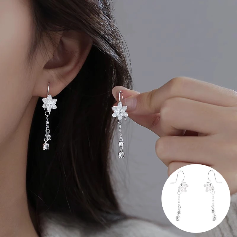 

100% 925 Sterling Silver Plant Earring for Women Girl Fashion Lotus Flower Tassel Design Jewelry Birthday Gift Dropshipping