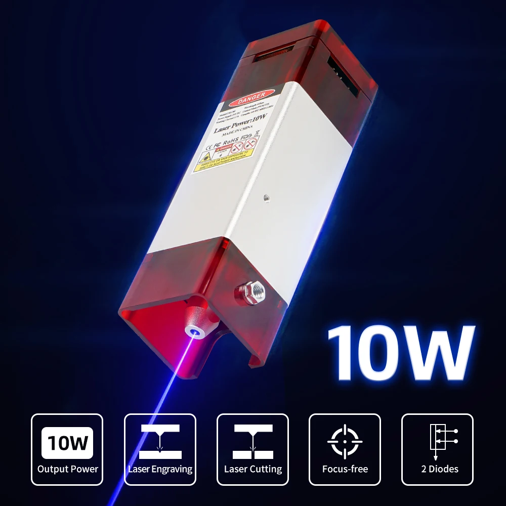 Laser Module 10W Optical Power 450nm Engraving Laser Head Fixed Focal Length High Precision Engraving for CNC Laser Engraver