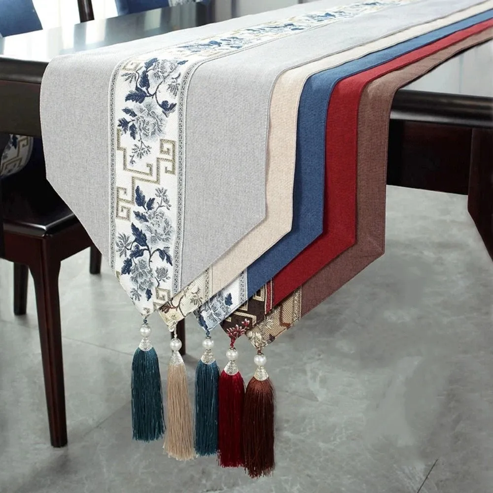Vintage Retro Table Flag Chinese Style Washable Tea Table Cloth Waterproof with Tassel Embroidery Bed Flag Home Kitchen Use