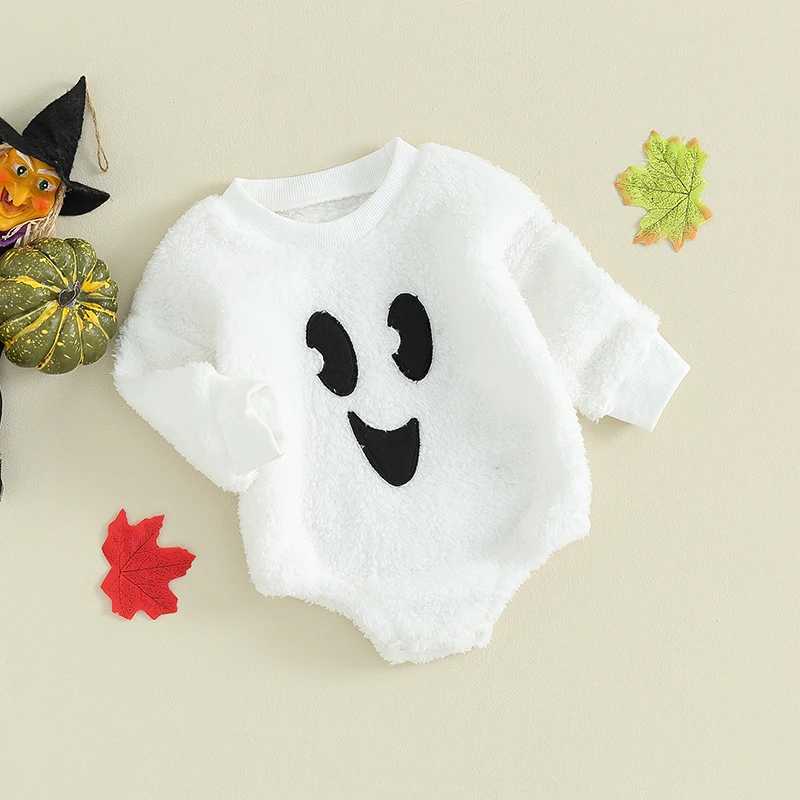 Newborn Baby Halloween Costume Girl Boy Pumpkin Ghost Fur Hoodie Fleece Jumpsuit Romper Fall Winter Clothes Outfits