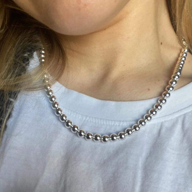925 Sterling Silver 6mm Smooth Beads Ball Chain Necklace For Women Trendy Wedding Engagement Jewelry  45cm