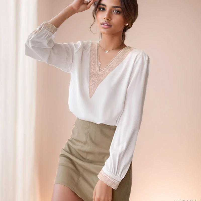 Fashion White Chiffon Women Shirts and Blouses Casual Loose Long Sleeve Clothes 2024 Elegant New Stylish Lace Tops Blusas 13366