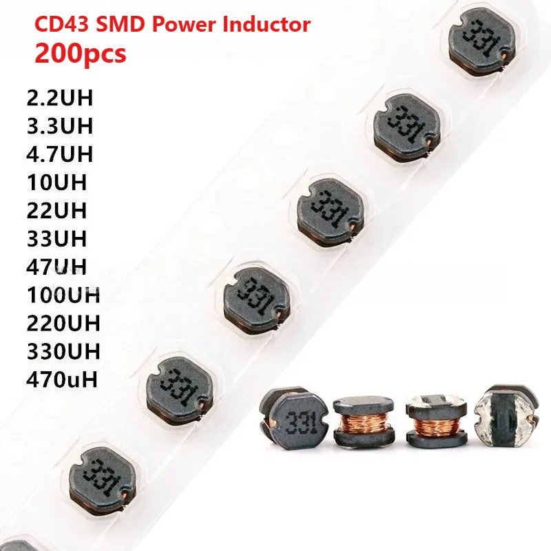 200pcs CD43 SMD Power Inductor Kit 2.2-470uH 11 Values Unshielded for DC-DC Converter
