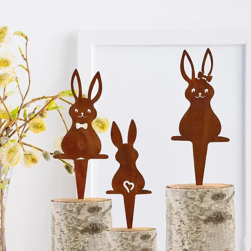 Easter Rabbit Plant Garden Stake 3X Outdoor Happy Easter Rabbit Yard Sign Iron Animal Ground Inserts Outdoor Animal Stake For