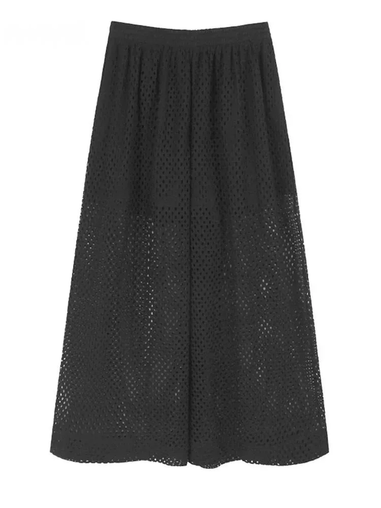 

High Elastic Waist Black Grid Hollow Out Long Wide Leg Pants New Trousers Women Fashion Tide Spring Autumn