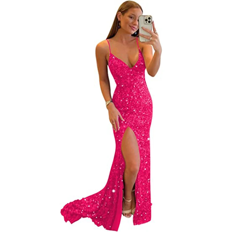 Fdraolu-Vestido largo formal de noche para mujer, vestido de fiesta de sirena con lentejuelas y Cruz de flash dividida, LO2038