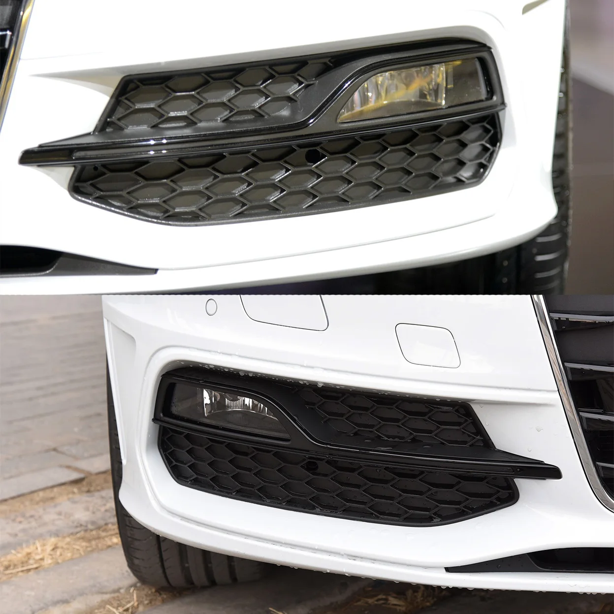 Ein Paar Wabenmuster-Frontstoßstangen-Nebelscheinwerfer-Grillabdeckungen, Nebelscheinwerferblenden 8V3807681Q, 8V3807682L für Audi A3 S-Line S3 8V 2013-2016