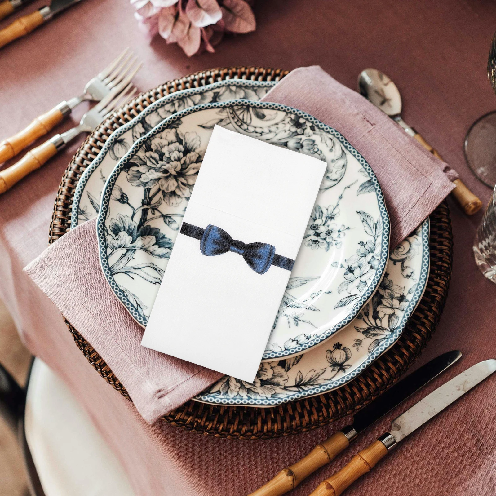 50개입 나이프 포크 냅킨 종이 리본 프린트 일회용 식기 레스토랑 호텔 휴대용 포켓 냅킨