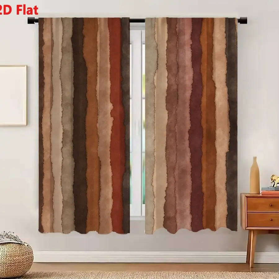 2Pcs Curtains 2D Flat Vertical Pattern Textured Irregular Stripes Earthy Tones Beige Brown Tan Rust Mauve Gray Watercolor Style
