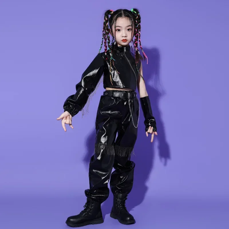 

Girls Hiphop Street Black Suit Dance Wear Costume Jazz Leather Long Sleeves with Fringe Hip Hop Catwalk Dancer Stage Performance