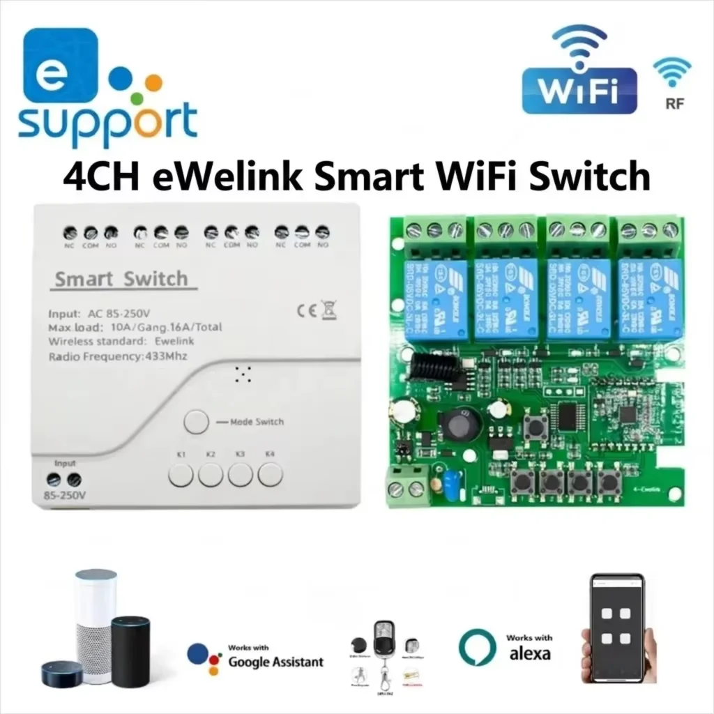 

4CH eWelink Smart WiFi Relay Switch AC DC7-32V 85-250V RF 433MHz Wireless Remote Control Inching Timer for Smart Home Automation