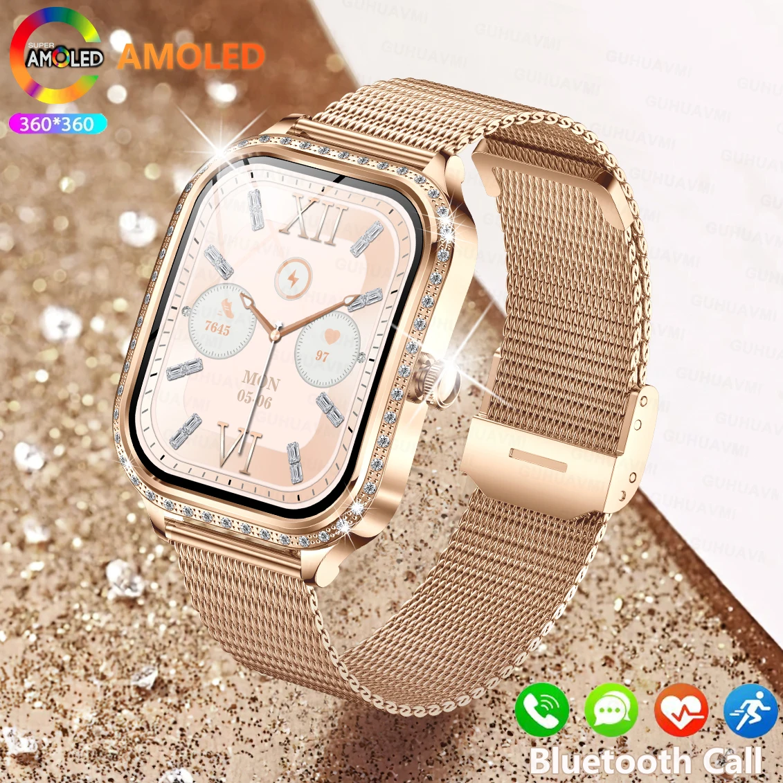 2025 New Bluetooth Call Diamond Women smartwatch Amoled HD Screen GPS Sports Health Monitoring IP68 Waterproof Smartwatch Ladies