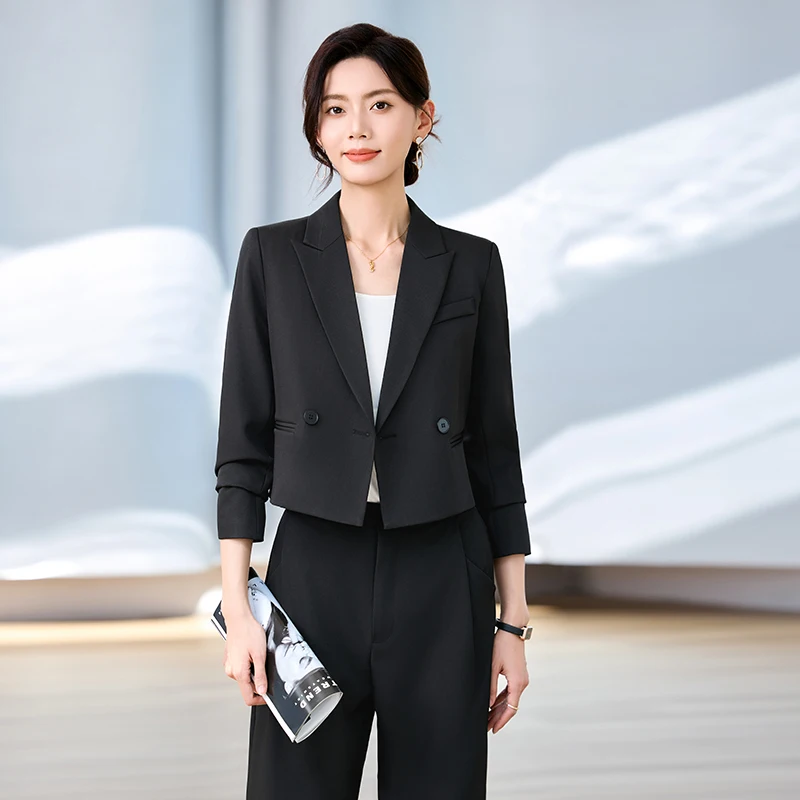 NAVIU Set da due pezzi Completi da donna 2025 Nuove signore da ufficio Elegante manica lunga Allentato Solido Giacca corta e pantaloni Abbigliamento da lavoro