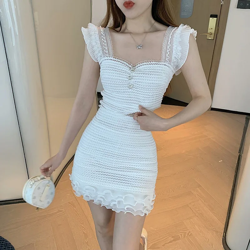 Diamonds Lace Zipper White Sling Vest Women Top Sexy Sweet Edible Tree Fungus Ruffle Bud Skirt 2 Piece Set Outfit Summer Clothes