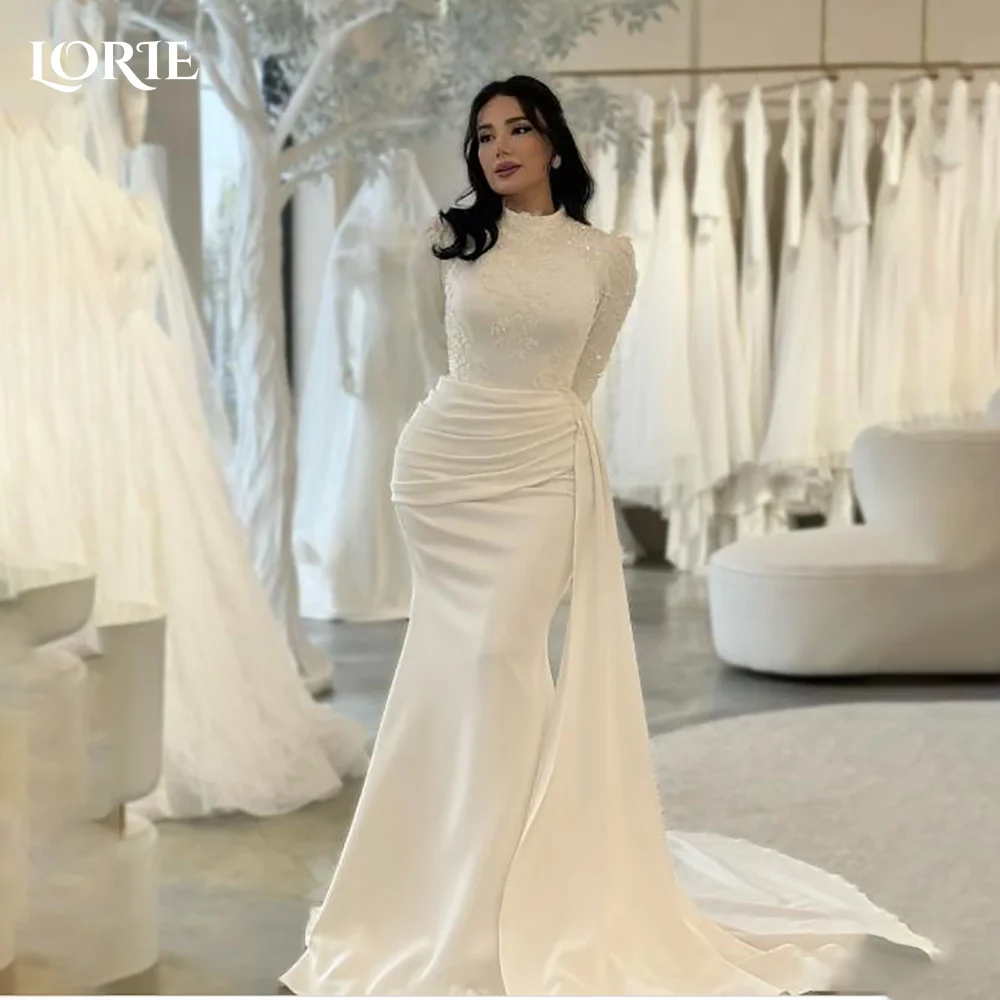 

LORIE High Collar A-Line Muslim Wedding Dress Long Sleeve Corset Bridal Gown Customized Backless Bride DressSaudi Dress Dubai