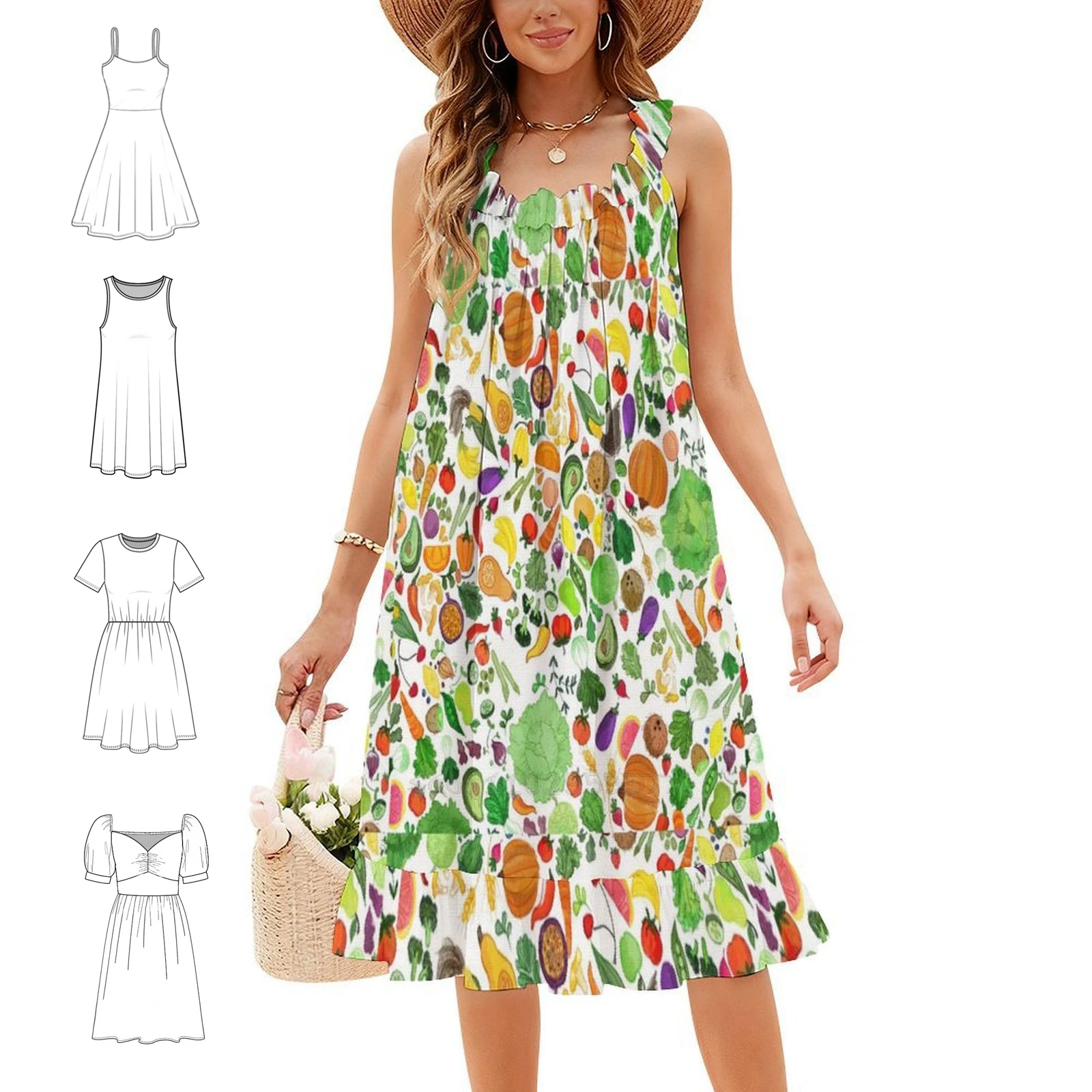 Fruit And Veggies Preppy Style Mini Dress For Women A-Line Loose Fit Casual Day Dress Food Fruit Kitchen Pattern Colour Color