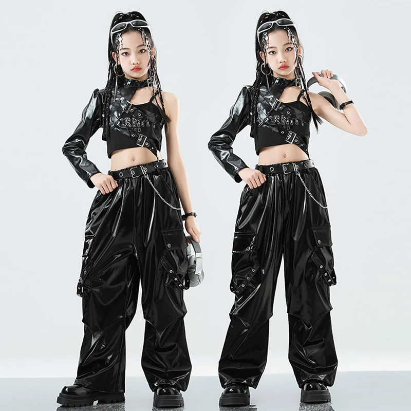 

Крутая детская одежда для джазовых танцев, жилет Kpop, черные брюки-тафла, наряд для подиума, костюм для уличных танцев в стиле хип-хоп 3275