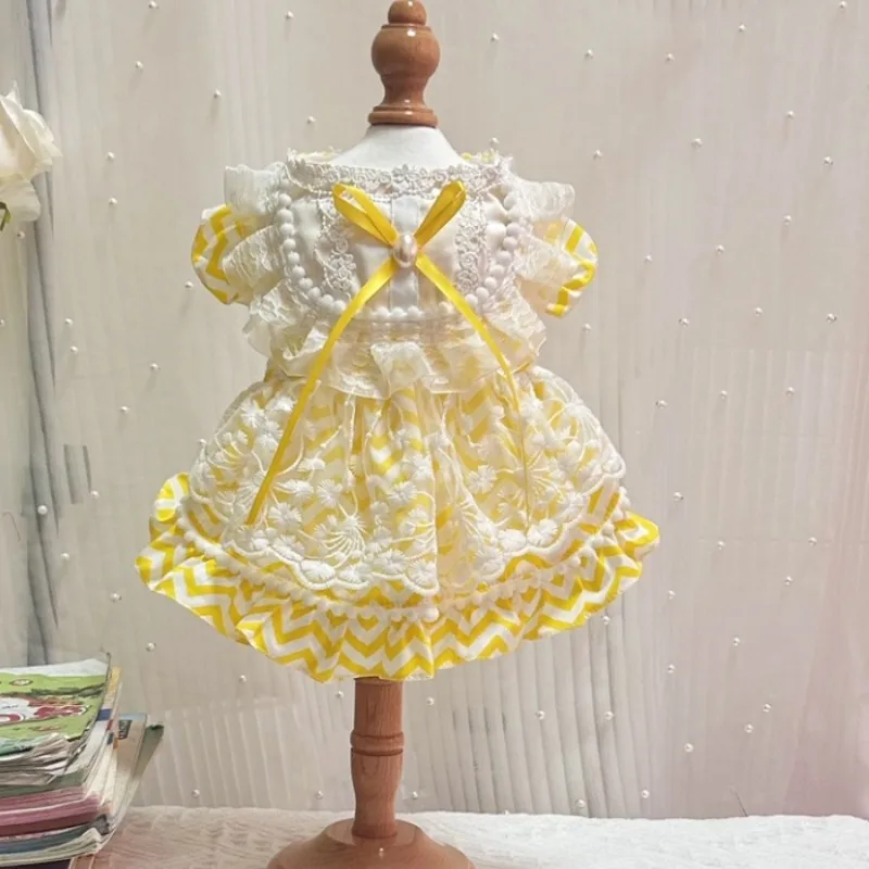 

100%Cotton Pet Dog Clothes Speing Autumn Simple Yellow Princess Dresses For Small Meidum Dog Schnauzer Poodle Puppy Home Wear