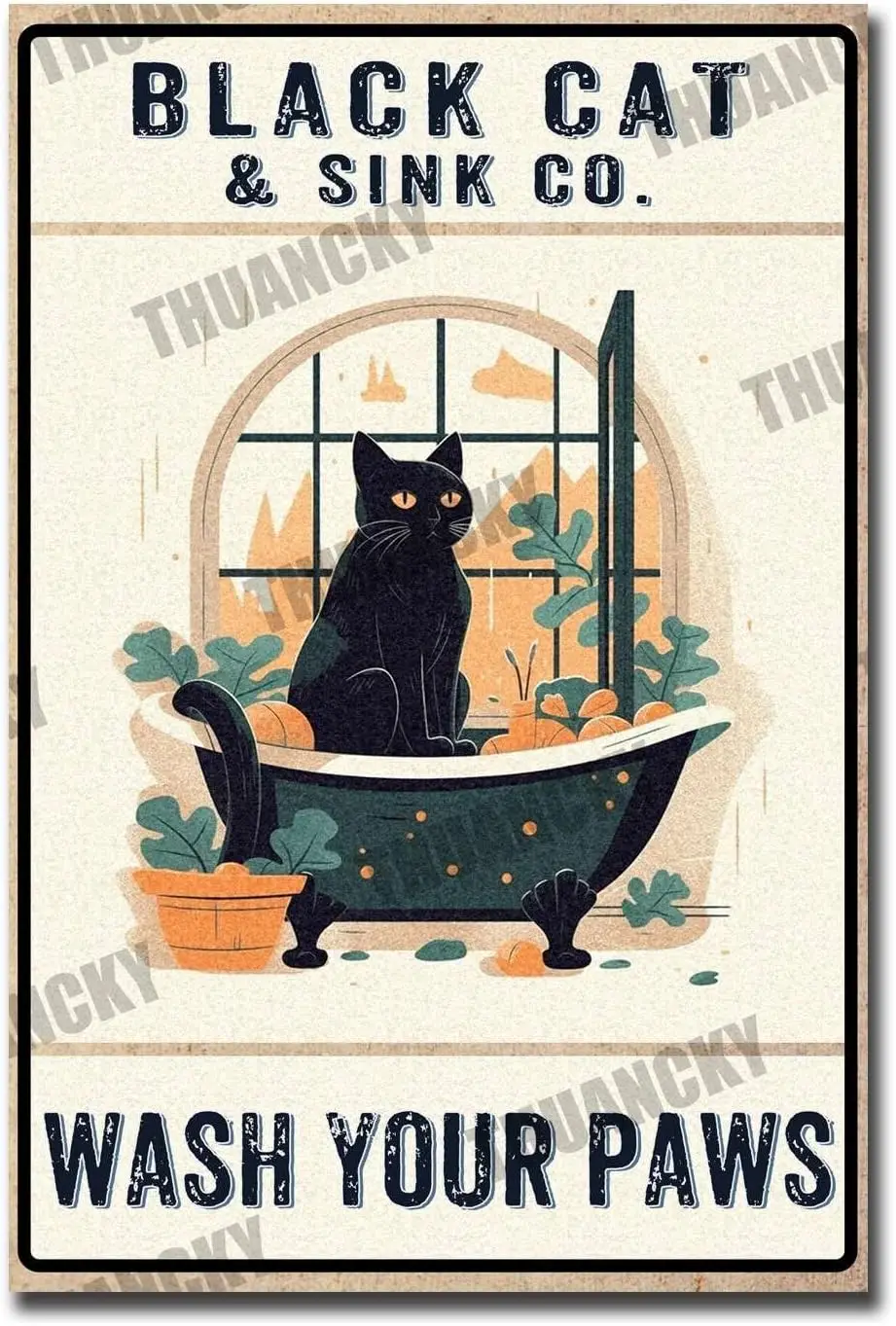 THUANCKY Canvas Poster Funny Bathroom Vintage Black Art Wall Decor Wash Your Paws Signs for Restroom Bar Hotel Entrance And-alum
