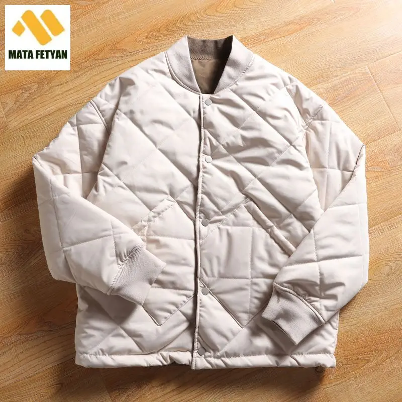 Mens Double-sided Cotton Jacket Lightweight Winter Baseball Collar Parkas Japanese Retro Quilted Casual Loose Warm Coat