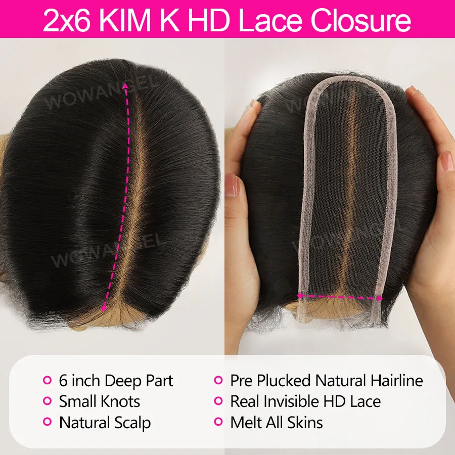 Wow Angel 2x6 HD Lace Closure mit Haarbündeln aus Echthaar, tiefer Scheitel, hautnahe Passform, 30-32 Zoll, brasilianische glatte Haarverlängerungen – Detail 4