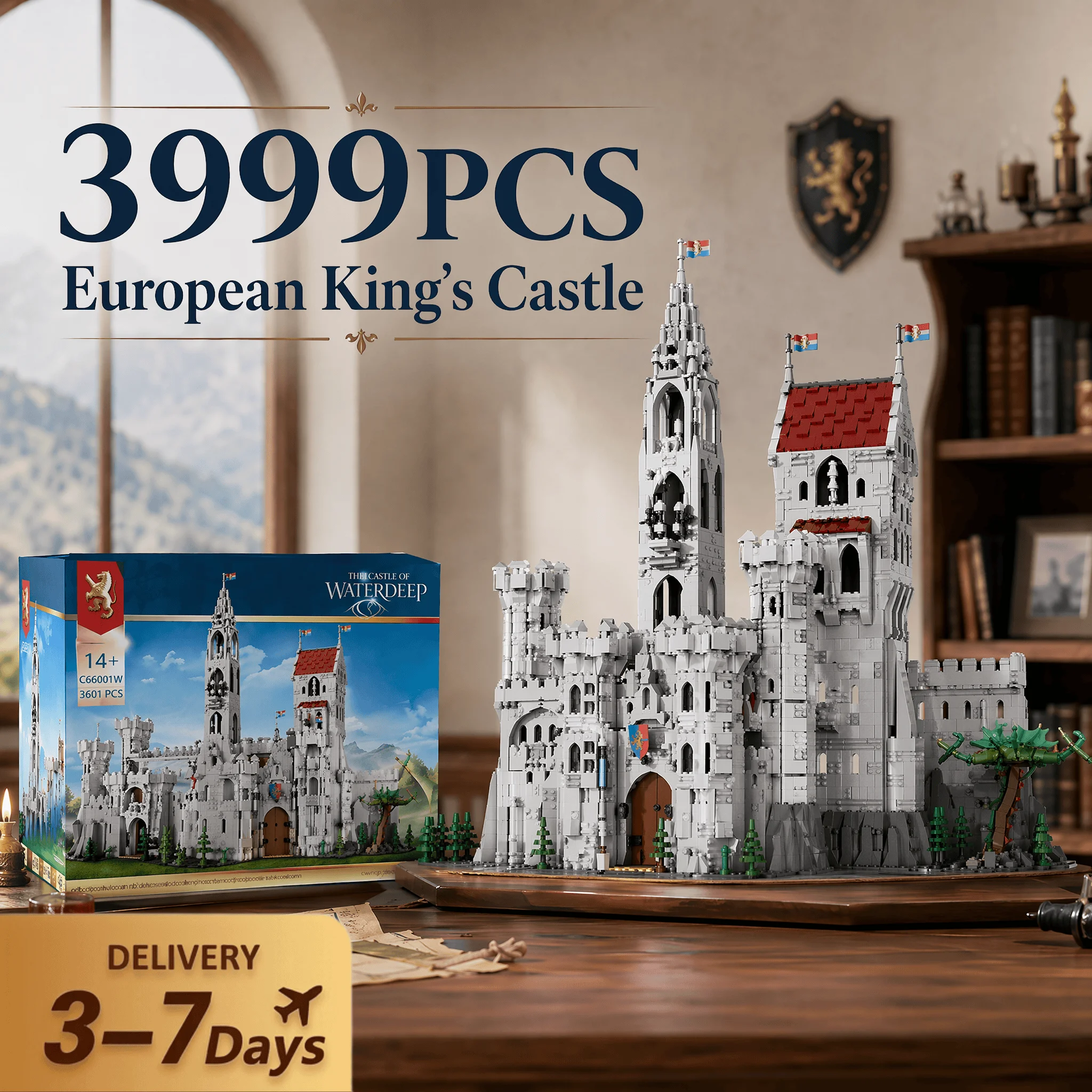 3999-teiliges Königsschloss Europäisches Mittelalterliches Bauklötzchen-Set Architektur Modulares Montagemodell Bausteine Heimdekoration Kreatives Spielzeug Geschenke für Erwachsene
