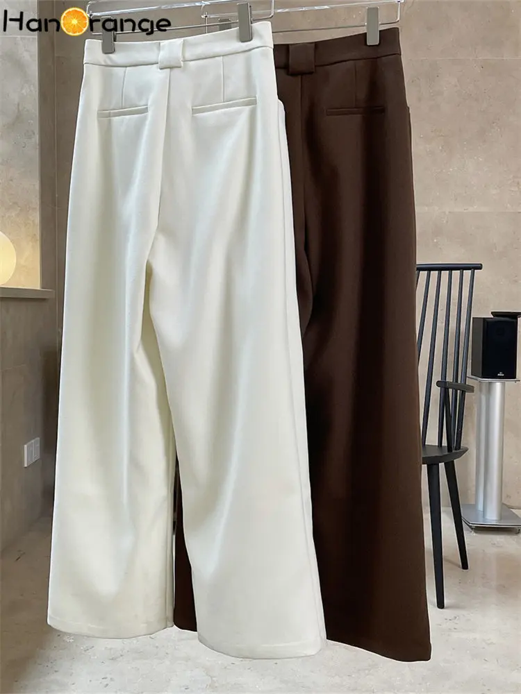 HanOrange-pantalones de pierna ancha con doble plisado para mujer, pantalón informal de cintura alta, holgado, otoño e invierno, 2024