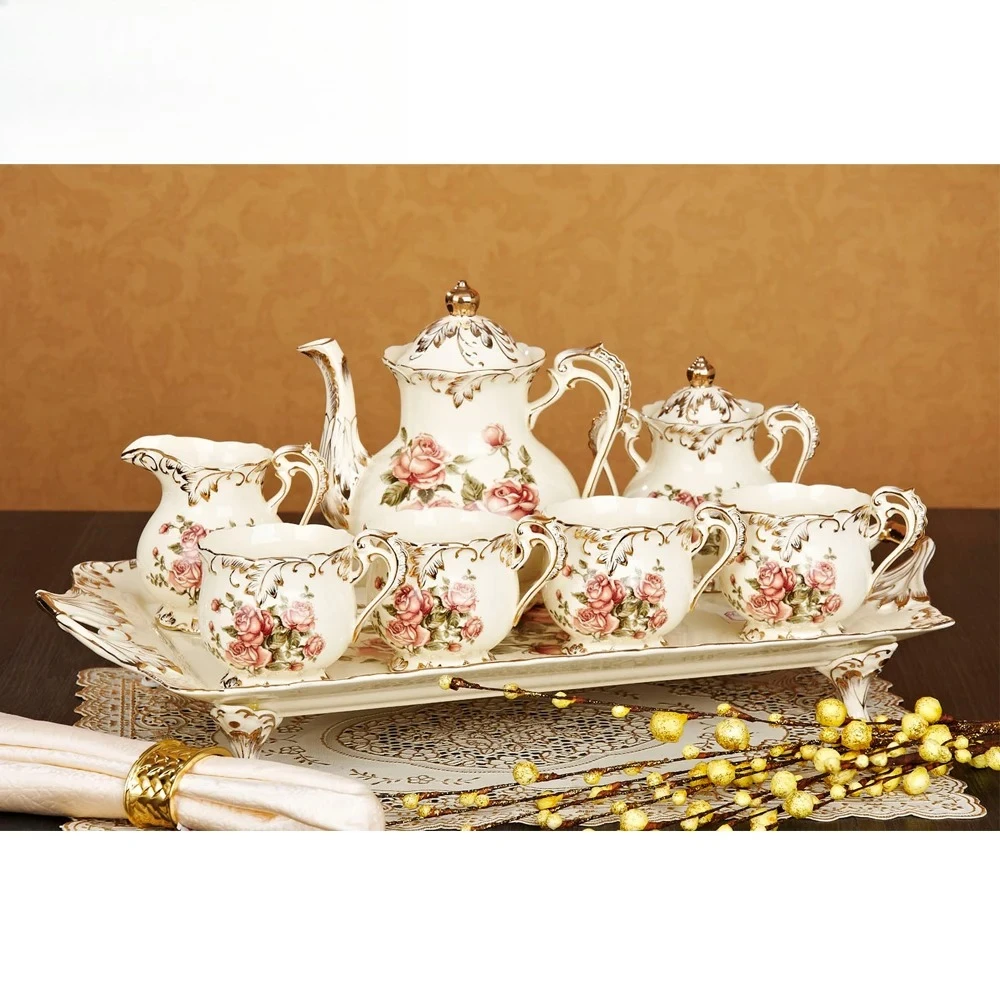 Rose Pattern Fancy Cup Flowers High Quality 8pcs Classic Ceramic Tea Set Porcelain Coffee Set With 24K Gold Bone China Stand