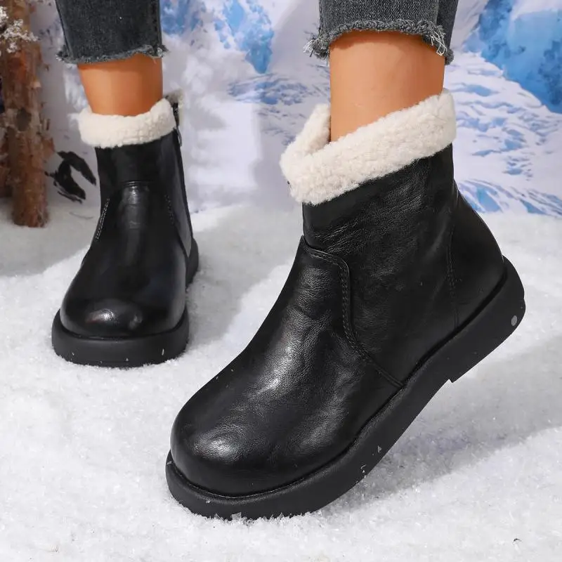 Fashion Pu Leather Women's Snow Boots Winter 2026 Faux Lambswool Warm Ankle Boots Female Thick Platform Non Slip Short Booties