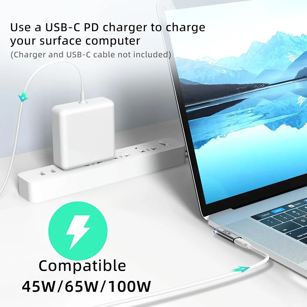 GaN-USB C Charger Converter, 15V, Adaptador de Carregamento 3A, Compatível com Surface Pro, X, 7, 6, 5, 4, 3, Laptop de Superfície, Livro, Ir 1, 2, 3, 102W