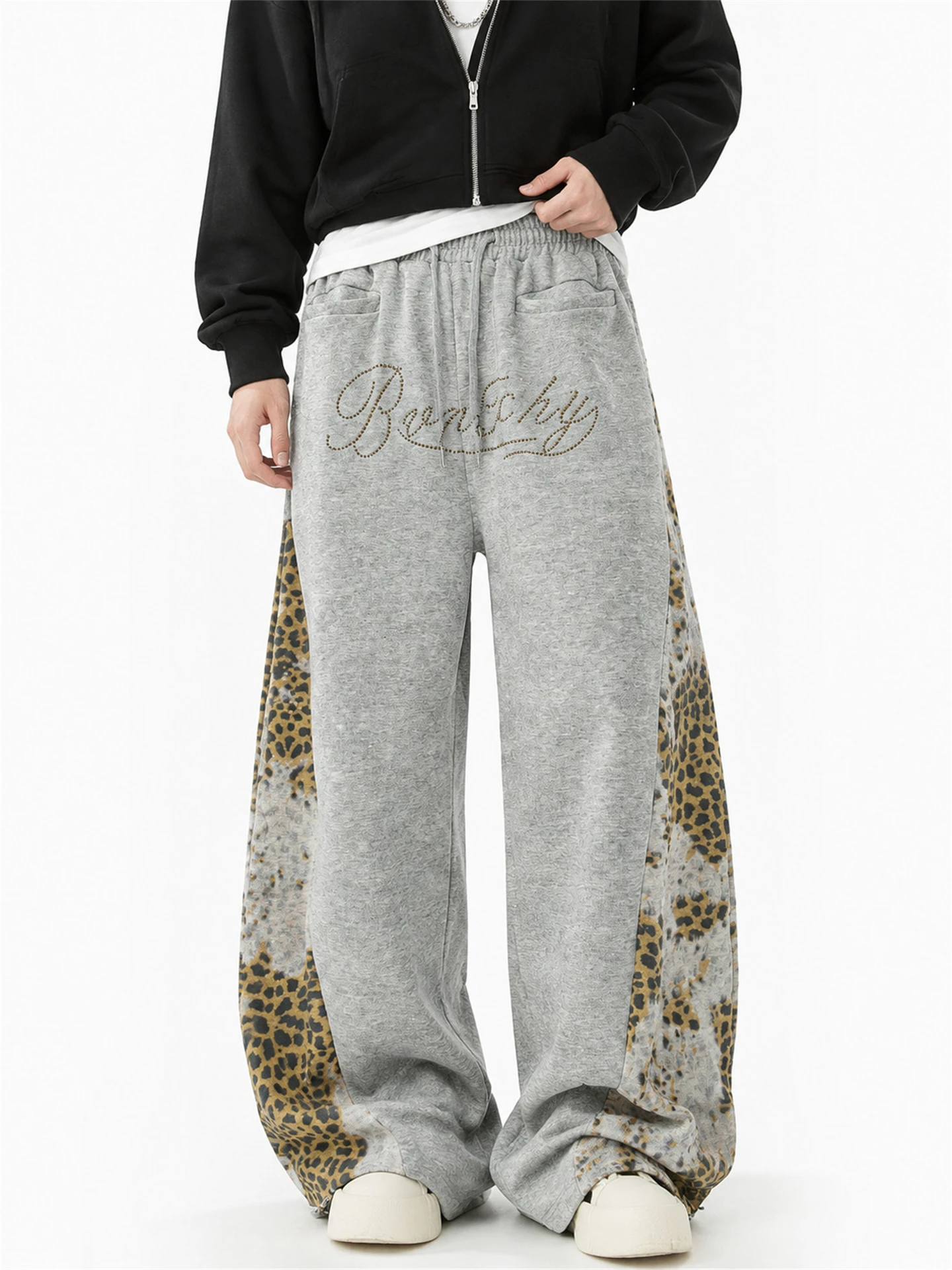 Men's Casual Pants Leopard Print Patchwork Bend Knife Waistcoat Autumn Spring Loose Bright Print Casual Trousers