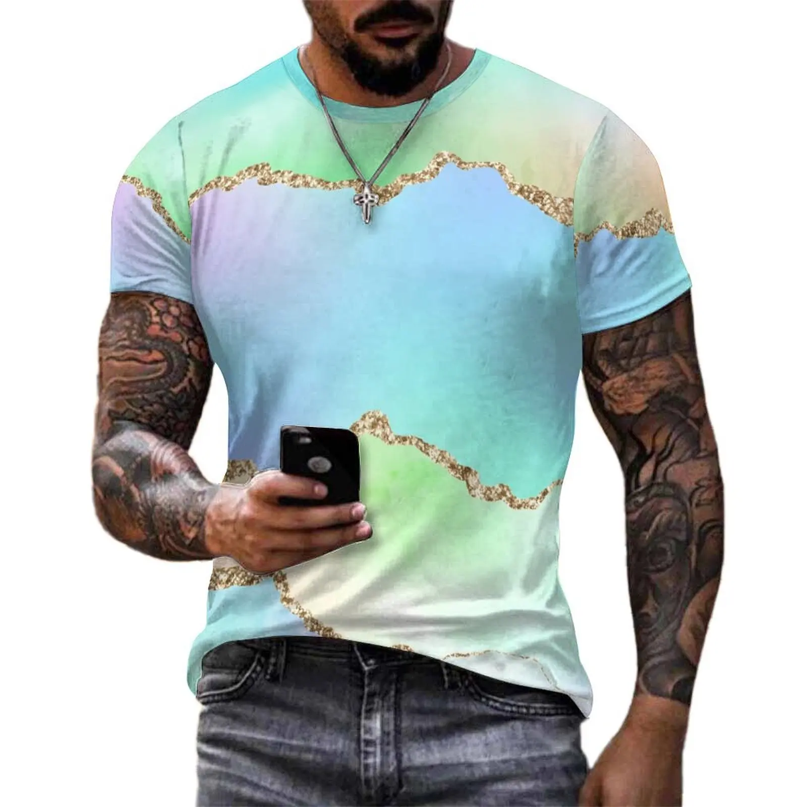 Ombre Marble T Shirt For Man Colorful Print Design O Neck T Shirts Summer Retro Tops Short Sleeve Awesome Big Size Tees Gift