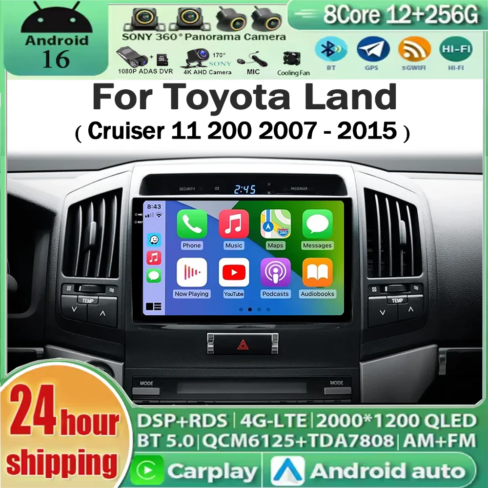 Android 16 QLED GPS WIF Carplay&Auto For Toyota Land Cruiser 11 200 2007 - 2015 Car Radio Navigation Multimedia Stereo Player BT