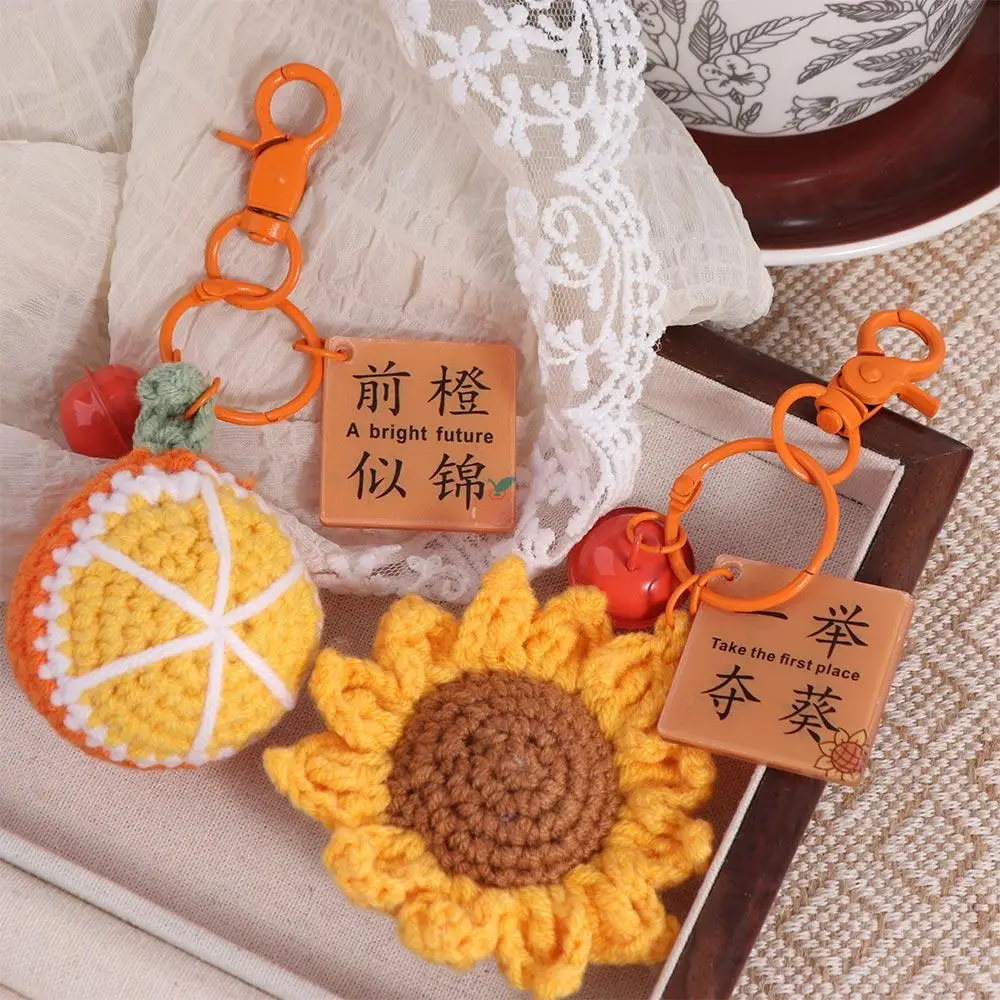 

Cute Sunflower Knitted Fruit Keychain Handmade Pendant Crochet Key Chain Orange Woolly Weaved Keyrings DIY Craft