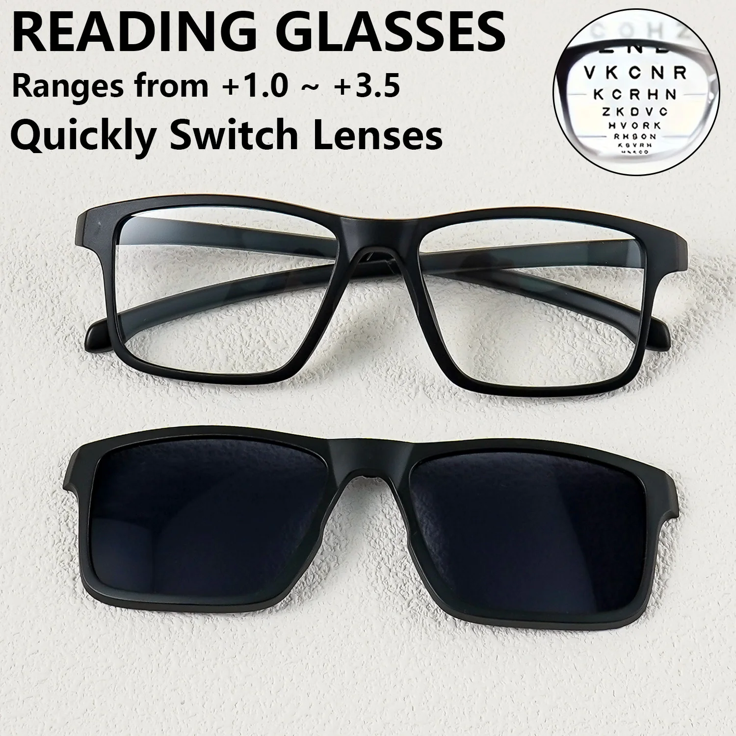 Magnetische Lesebrille mit UV-Schutzgläsern – +1,0 bis +3,5 Vergrößerung, modische quadratische Lesebrille, Sonnenbrille
