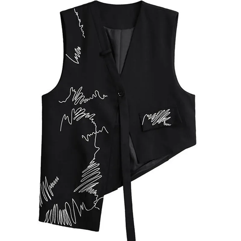 

Женский черный жилет большого размера с вышивкой и нерегулярной лентой, новый модный кардиган без рукавов с v-образным вырезом, весна-осень 2021, жилеты, одежда